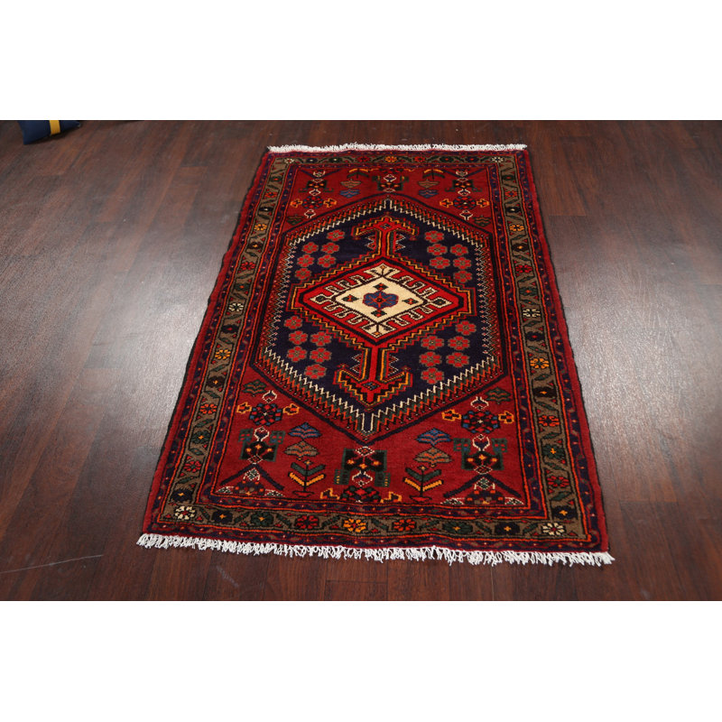 Tapis rouge en laine noué à la main de conception unique 3 pi 4 po x 4 pi 11 po Kairon