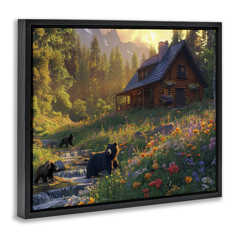 Cadre flottant Bears at Floral Cabin, design par Jim Baldwin, H 25 po x l 31 po, Cadre flottant noir de jais