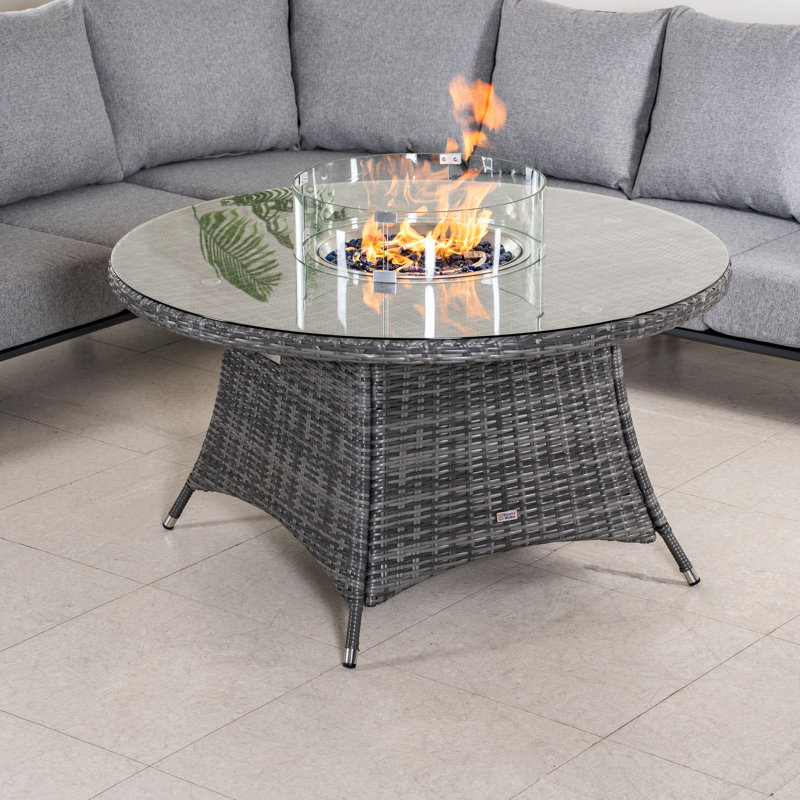 Table ronde pour foyer d'extérieur en osier avec réservoir de carburant caché, Gris