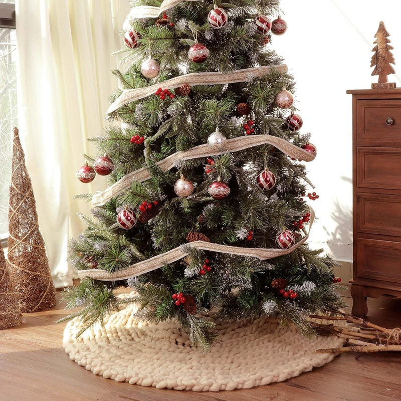 Chunky Knit Christmas Tree Skirt, Crochet Beige Rustic Farmhouse Tree Decor