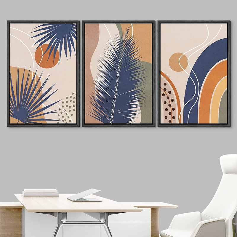 «Mid Century Shape Geometric Palm Leaf Polygon», ensemble de 3 impressions sur toile flottante, H 24 po x l 48 po, Noir