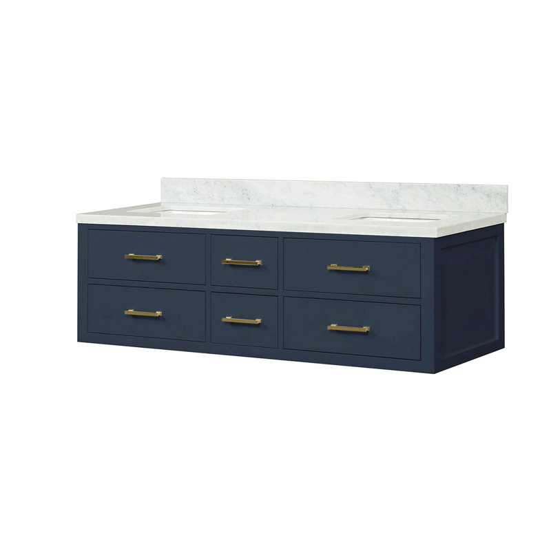 Meuble-lavabo double 60 po X P 22 po D, avec plateau en marbre de Carrare, 60", Doré, Bleu