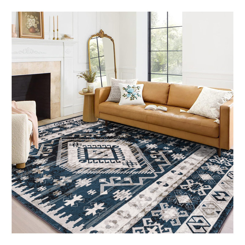Area Rug Vintage Bohemia Large Persian Non-slip Washable Rug For Living Room Kitchen Bedroom Living Room Geometry Blue/Black