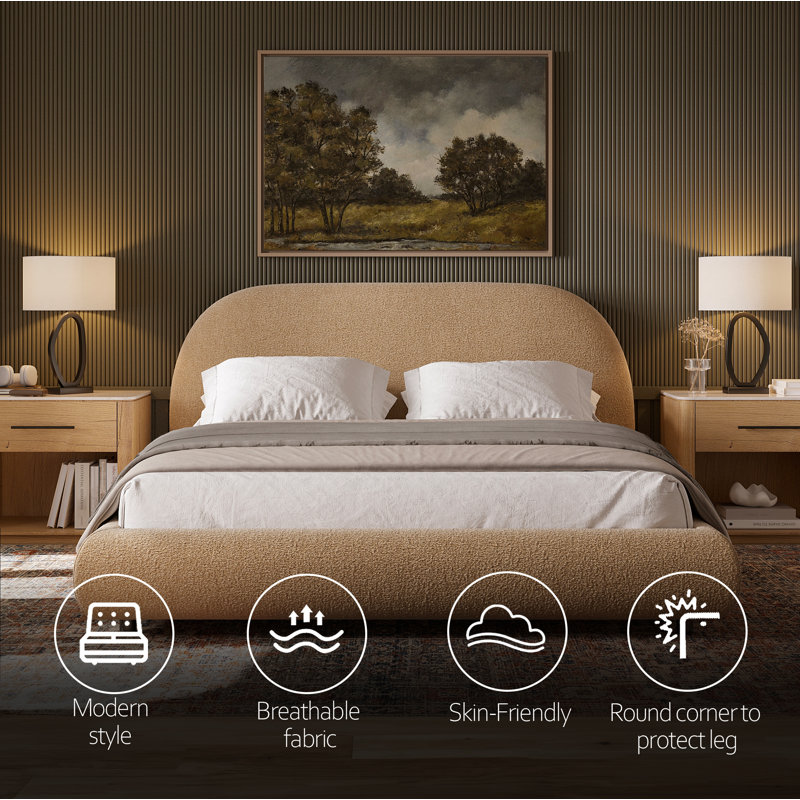 Modern Bedroom Platform Bed with Arched Headboard,  Performance fabric, King, Brown