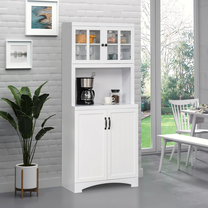 Huche de cuisine, garde-manger avec porte encadrée en verre, tablettes réglables et espace pour micro-ondes