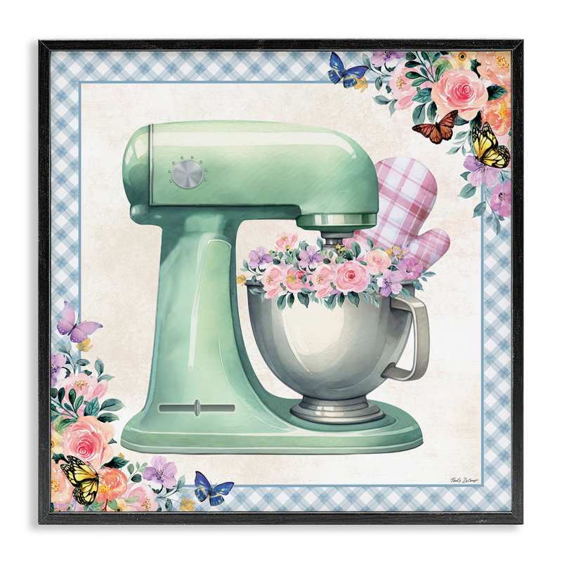 Mélangeur de cuisine avec fleurs, estampe numérique par Nicole DeCamp, Giclée encadrée noir minuit, H 17 po x l 17 po