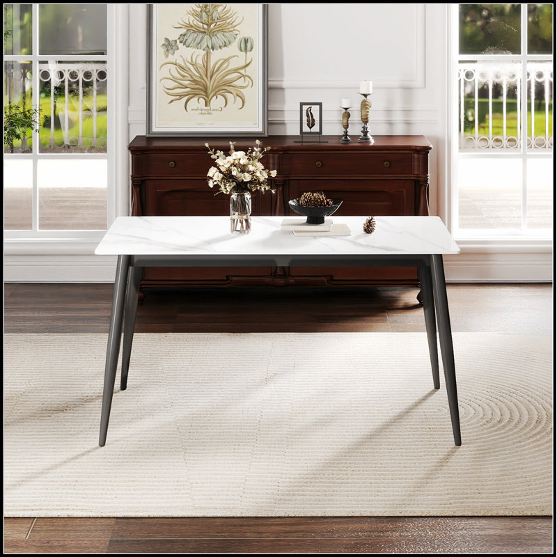 Table de salle à manger moderne moderne en pierre artificielle avec rebords droits gris foncé et pieds en métal gris