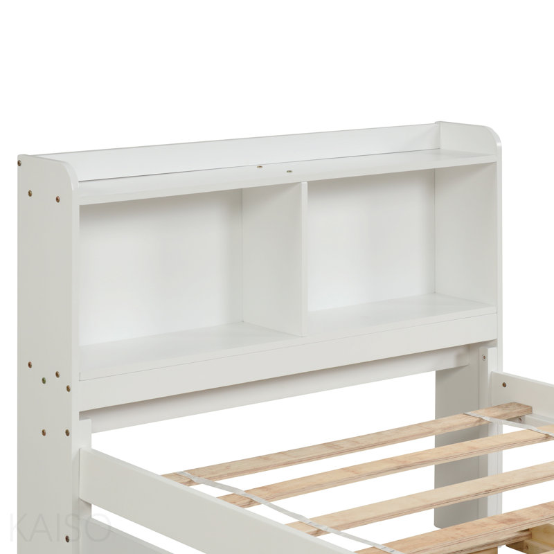 Structure de lit simple avec lit gigogne et bibliothèque, finition blanche, Blanc