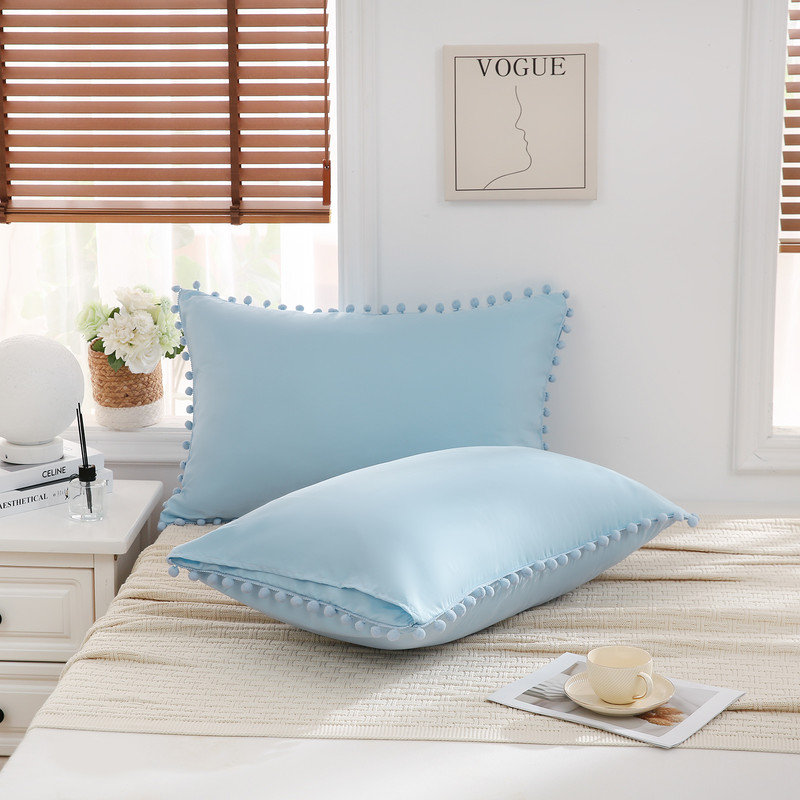 Sky Blue Pom Poms Pillowcases, Blue Standard Pillow Cases Set of 2, 100% Washed Microfiber,Pale Blue Ball Fringe Pillow Cover, 2 Pack