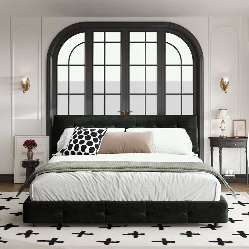 Très grande base de lit en chenille avec tête de lit capitonnée, Noir, Très grand