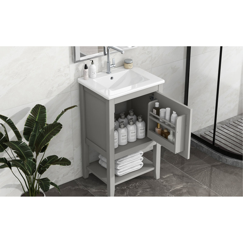 Meuble-lavabo de 20 pouces avec lavabo en céramique blanche et armoire peinte en gris, porte à fermeture douce, support de rangement pour serviettes, savon à tablette ouverte, cadre en bois massif, lavabo autoportant sous comptoir, unité de, deux