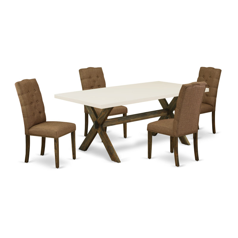 L'ensemble de 5 pièces pour coin-repas pour 4 personnes comprend une table de salle à manger rectangulaire avec pieds en X et 4 chaises de salle à manger Parson en tissu brun, jacobine vieilli