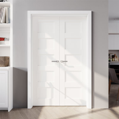 Porte en bois manufacturé double à 5 panneaux apprêtés sans ensemble de quincaillerie
