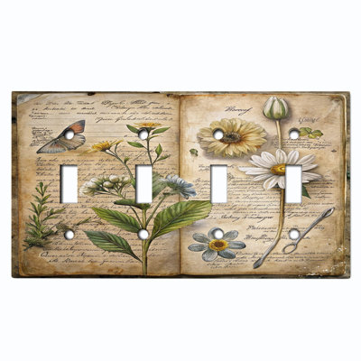 Couvercle de plaque d'interrupteur en métal; Bascule à 4 bandes US standard - fleurs Scrapbook rétro
