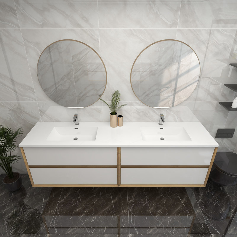 84" Wall-Mounted Double Sink Bathroom Vanity Set, Glossy White