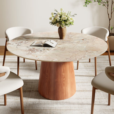 Round Sintered Stone Farmhouse Kitchen Dining Table Solid Wood Pedestal For 4-8 People
