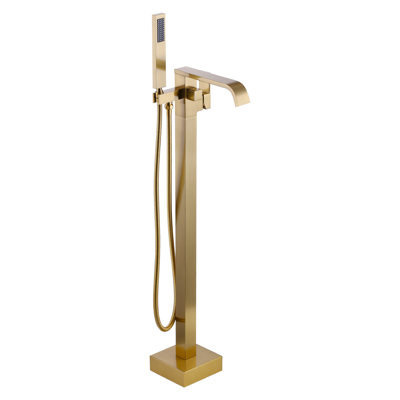 Robinet de baignoire autoportant à une poignée et cascade avec douche à main en or brossé 