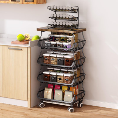 Fruit Basket Kitchen Pantry Organizers And Storage - Wooden Top Table, Stackable Metal Wire Basket Stand Cart , Black