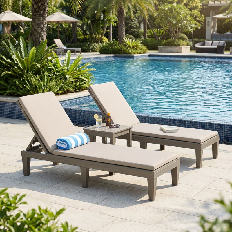 Outdoor Chaise Lounge, Wood-Grain Resin Reclining Patio Chair With 5-Position Backrest（Set Of 2）, Brown