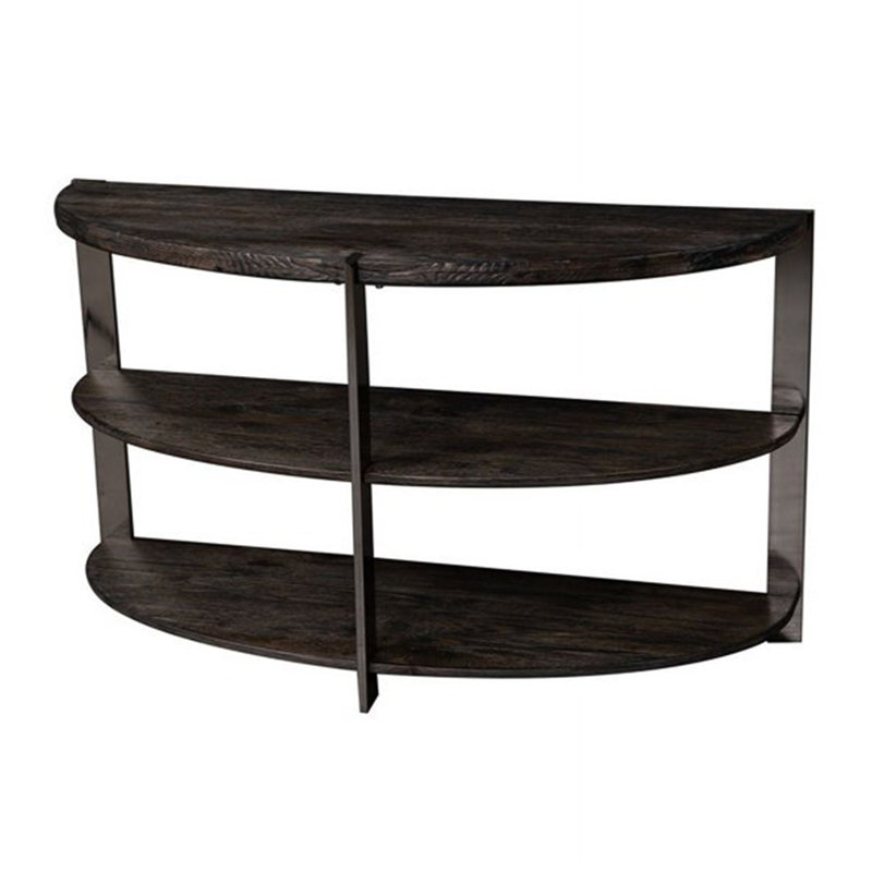Élégante console en forme de demi-lune, 2 tablettes ouvertes, finition gris anthracite et décorations en métal pour la chambre à coucher, le salon, la table de vestibule contemporaine, gris