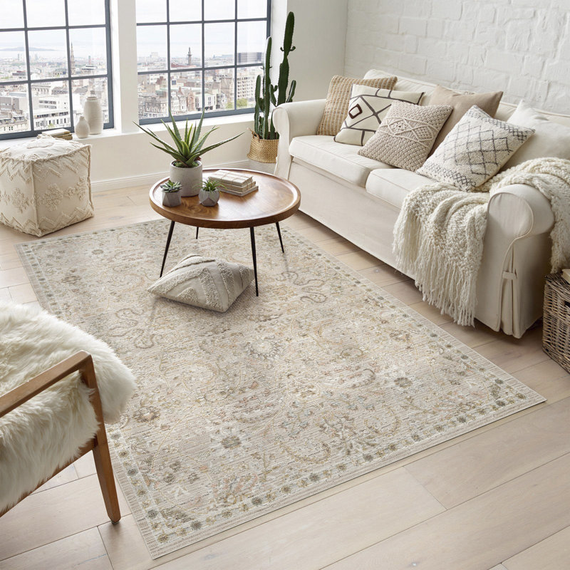 Washable Living Room Traditional Area Rug – Soft Polypropylene Weaving, Low Pile, Non Slip Cotton Backing for Elegant Indoor Spaces, Beige