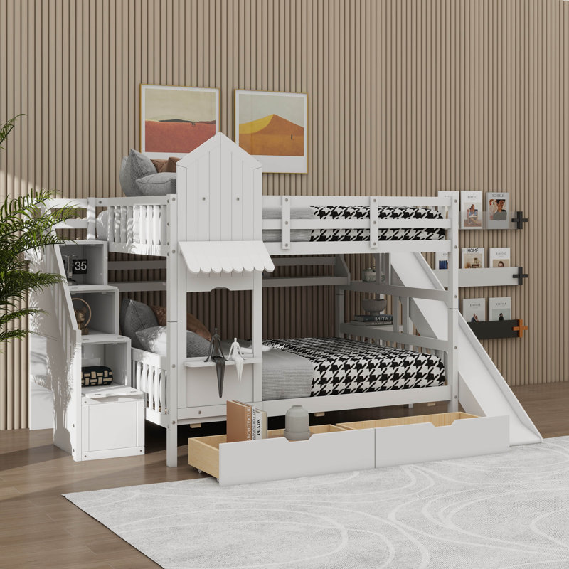 Castle-Inspired Bunk Bed, Wooden Bunk Bed With 2 Drawers & 3 Shelves, Comes With Slide And Storage Steps, Full Over Full