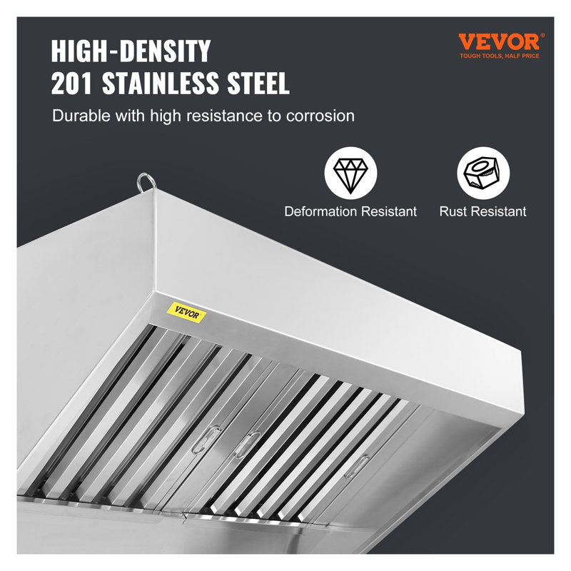 VEVOR 5FT Commercial Exhaust Hood, Stainless Steel Kitchen Range Vent with 2 Detachable Grease Filters for Food Truck & Restaurant