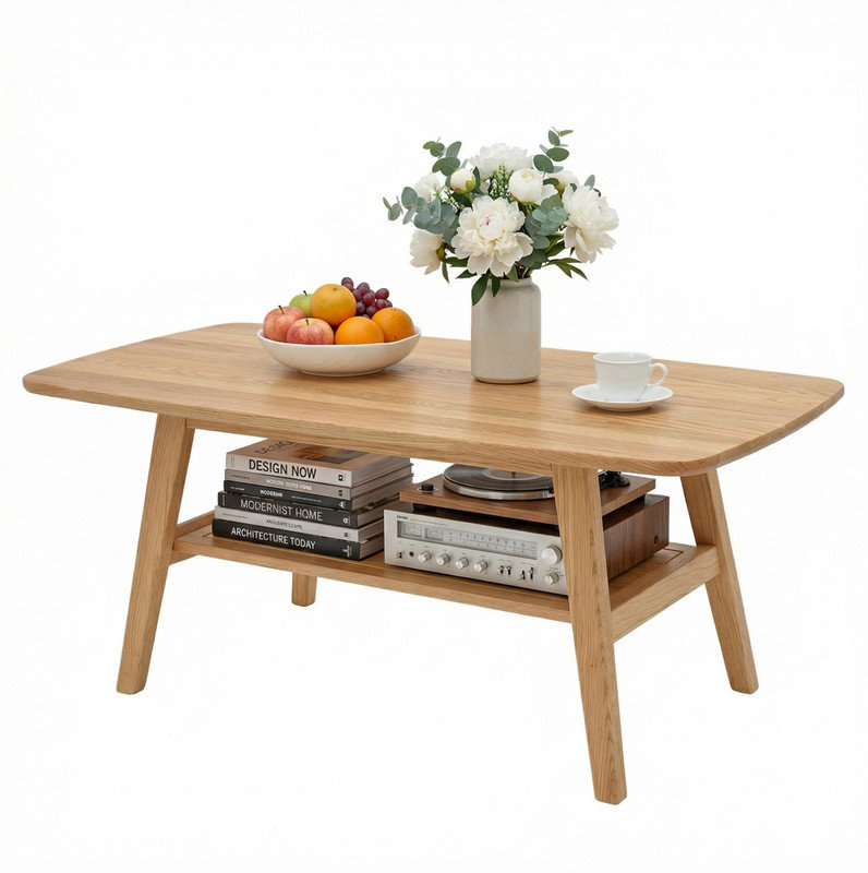 39.37" Mid Century Modern Solid Oak Coffee Table, Natural 2-Tier Design with Storage Shelf & Rounded Corners, Durable Living Room Table for Office & Apartment