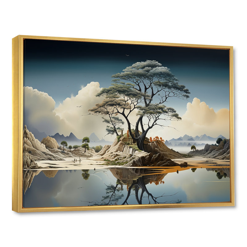 Paysage abstrait du surréalisme III - paysage abstrait, Cadre flottant doré, H 34 po x l 44 po x P 1,5 po