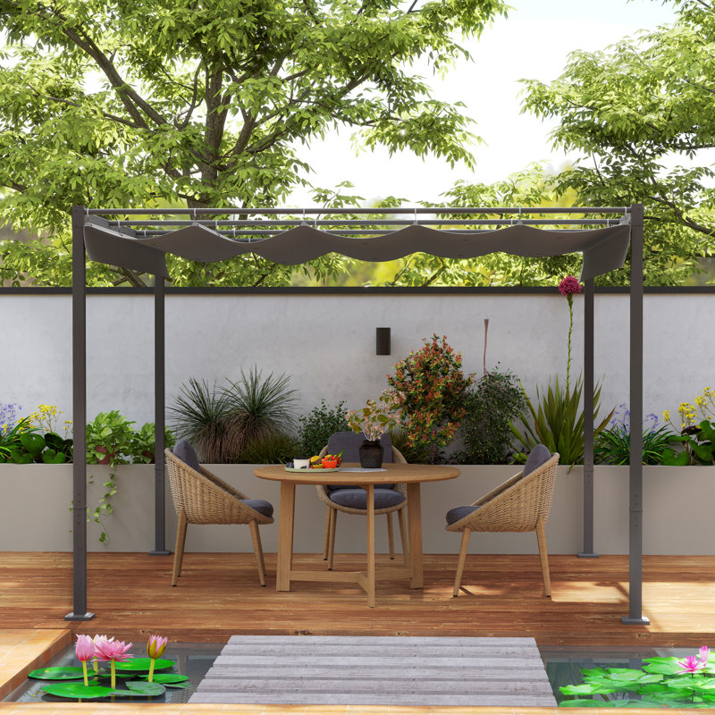 3 X 3m Retractable Roof Metal Pergola, Upf30+ 180gsm Coated Canopy With Secure Hook Fastenings, 8 Ground Stakes & 8 Anchor Bolts, Outdoor Garden Gazebo, Grey
