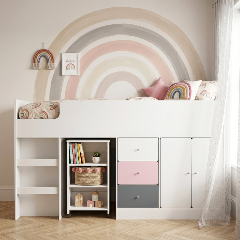 Liston Mid Sleeper Bed with Ladder and Storage with Custom Green and Pink Panel Design
