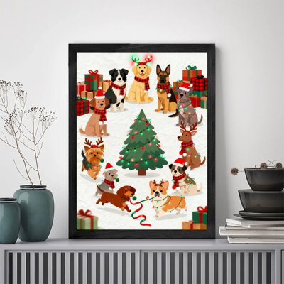 Black Framed Vintage Christmas Dog Wreath Wall Art Retro Style Framed Prints