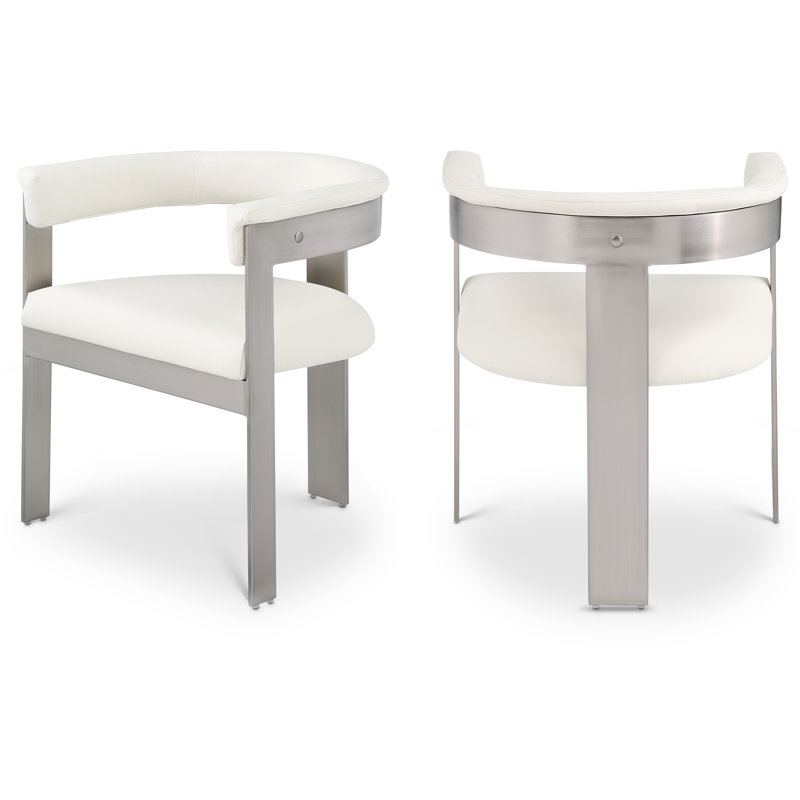 Romeo Finished Upholstered Back Arm Chair, Cream Vegan Leather, Brushed Chrome