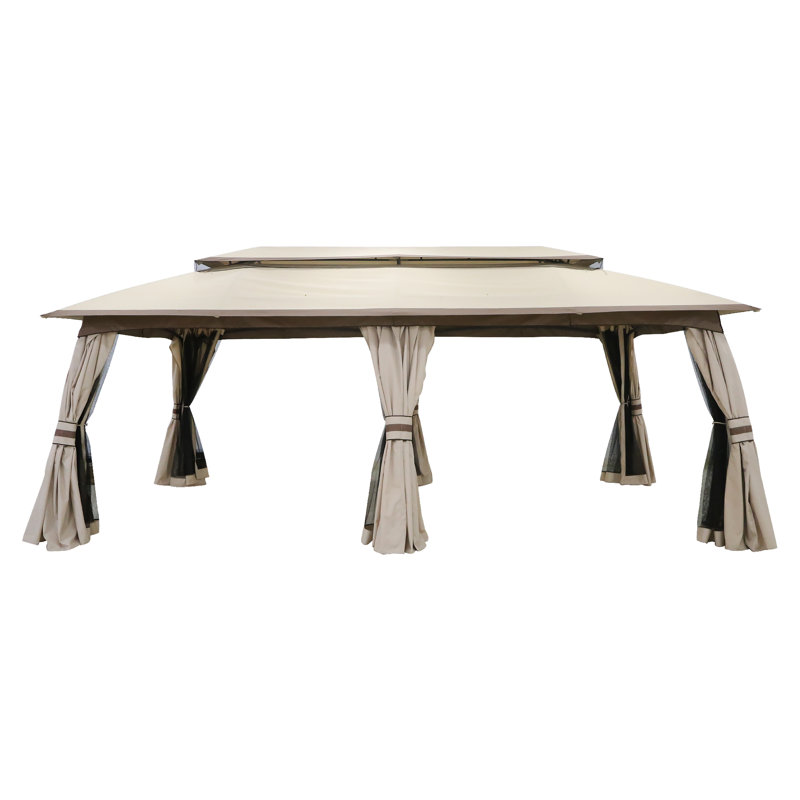 Beige Metal Patio Gazebo with Double-Tier Roof and Curtains