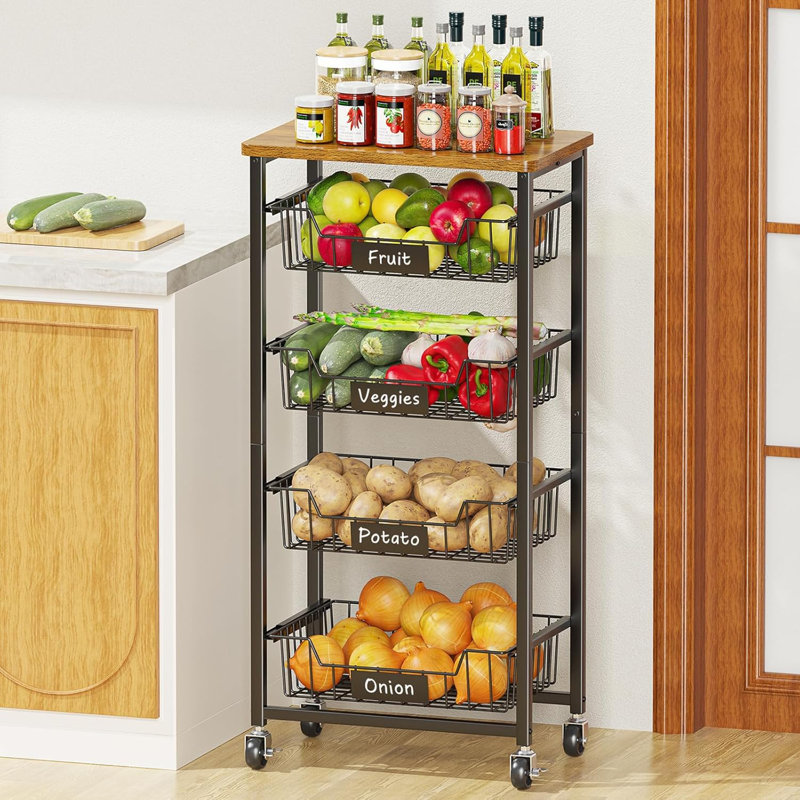 Chariot de rangement à 5 niveaux avec paniers coulissants et étiquettes à craie - Organisateur de cuisine mobile avec roues verrouillables
