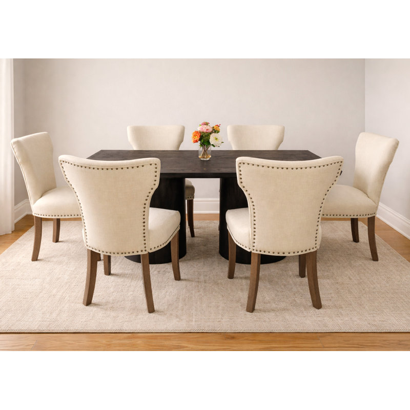 Coplyn 72" Rectangular Dining Table Set With 6 Ivory Chairs, 7 Pieces: Table, 6 Chairs, 30" H x 72" W x 36" L