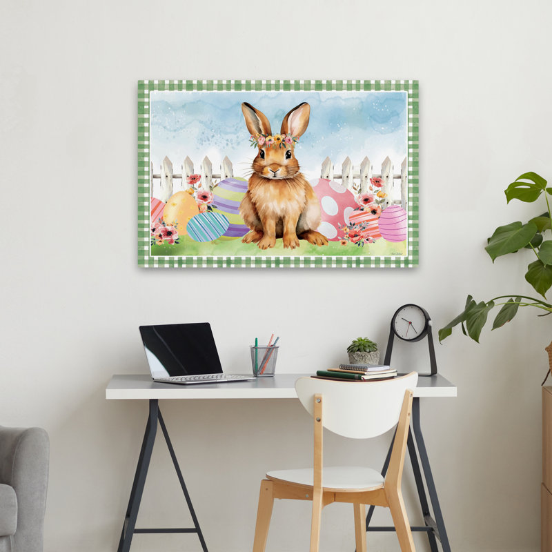 Lapin de Pâques et œufs de Pâques - Lapin de ferme moderne avec couronne de fleurs, H 36 po x l 24 po