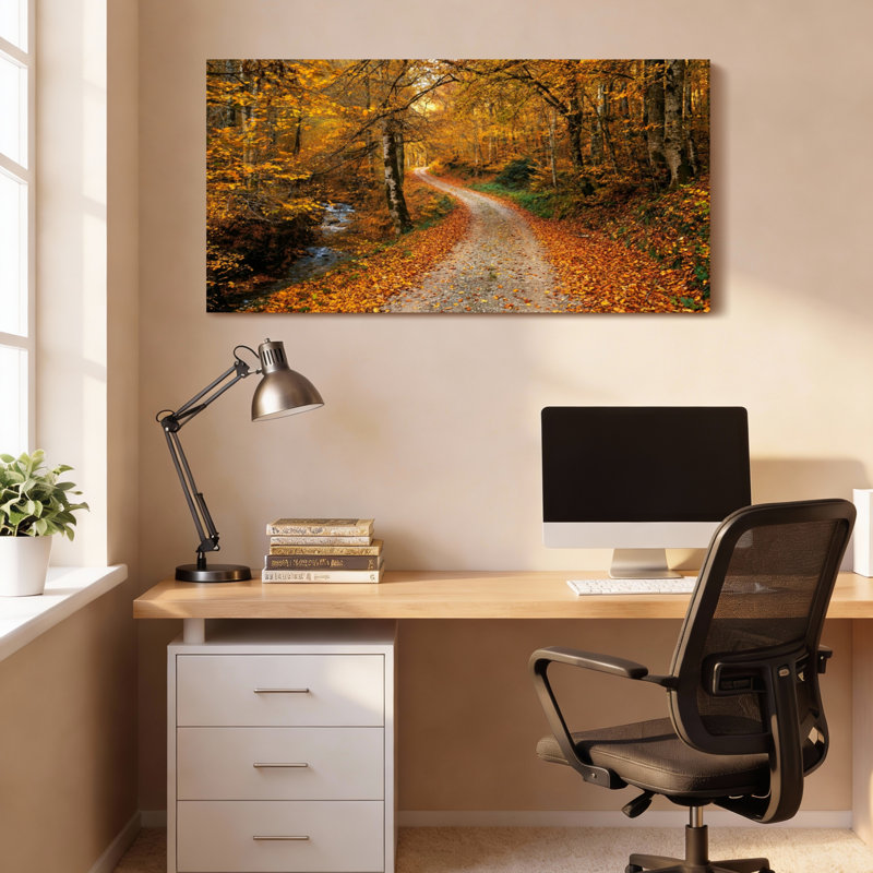 Ensemble de 1 tableau sur toile tendue représentant un chemin forestier d'automne, H 16 po x l 32 po