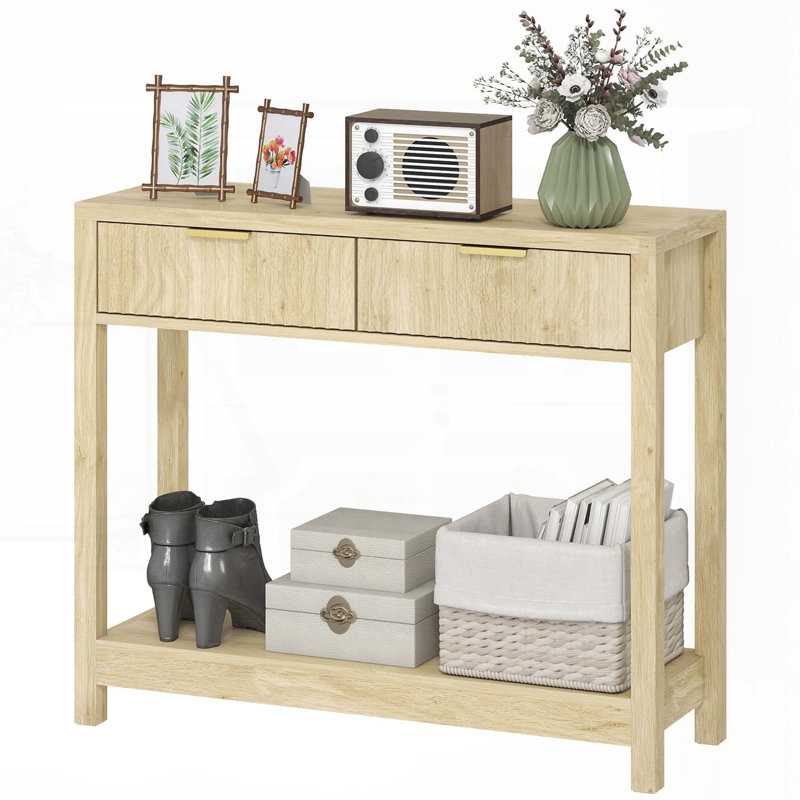 35" Modern Console Table with Storage, Narrow Entryway Table with Fluted Panel Drawers and Shelf for Hallway, Living Room, Natural Wood