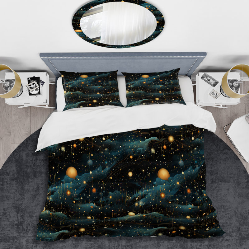 Celestial Constellations Planet Pattern I Box Stitch Abstract Duvet Cover Set, King Duvet Cover + 2 King Shams
