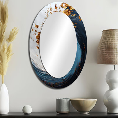 Bleu et or spiralant majestueux Vortex III - grand miroir mural ovale sur métal
