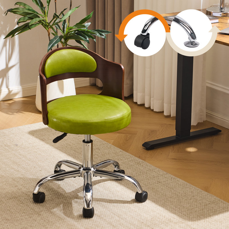 Ring-Shaped Wooden Back Office Chair With Foot Spikes And Wheels, Grass Green