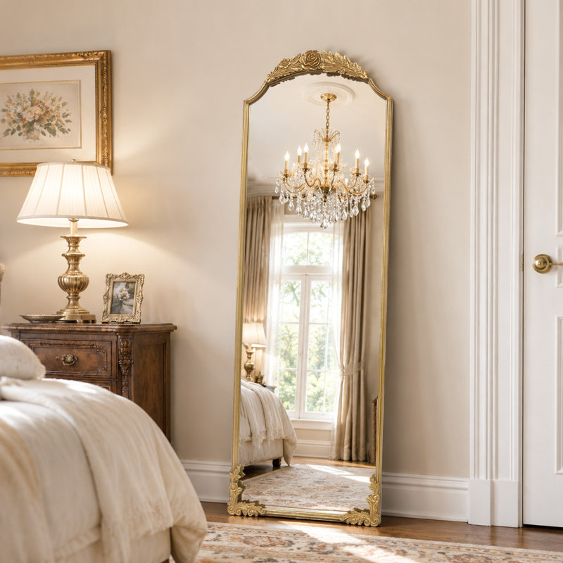 Miroir mural rétro arqué or rétro - miroir décoratif de style antique français orné, grand miroir de meuble-lavabo arqué pour entrée, cheminée, salon ou chambre à coucher, fixé au mur ou incliné