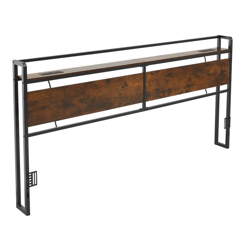 Headboard for King Size Bed, with Storage Shelf, 2 Outlets, 1 USB and 1 Type-C Port, Sturdy and Stable Carbon Steel Frame Head Board with Charging Station, Adjustable Height, Black and Brown