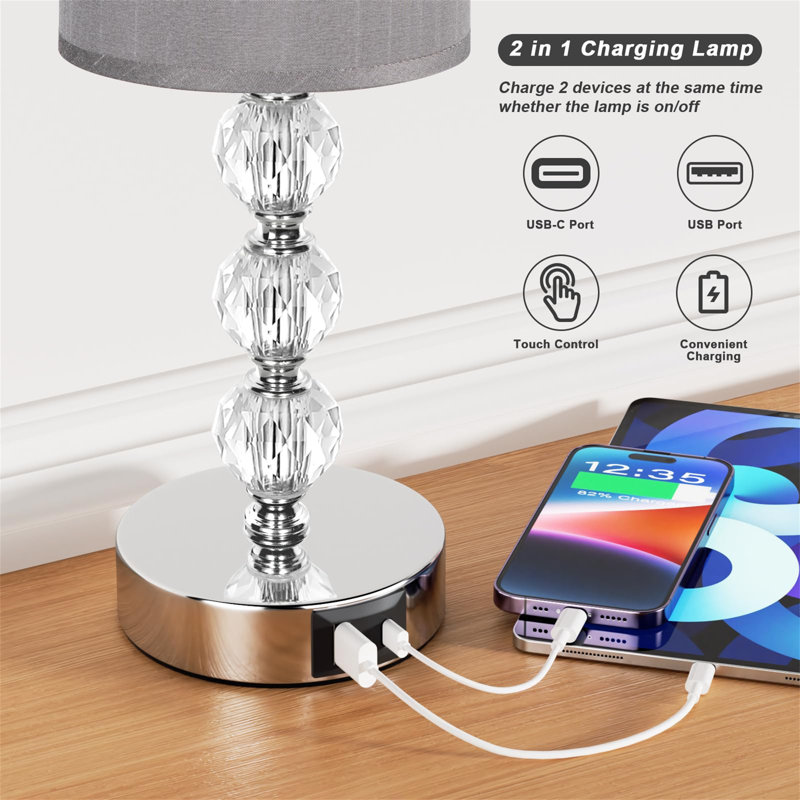 Touch Table Lamp, Crystal Bedside Lamp With 3-Way Dimmable, Small Bedside Lamp With USB C+A Charging Ports, Bedroom Lamp With Fabric Lampshade For Living Room