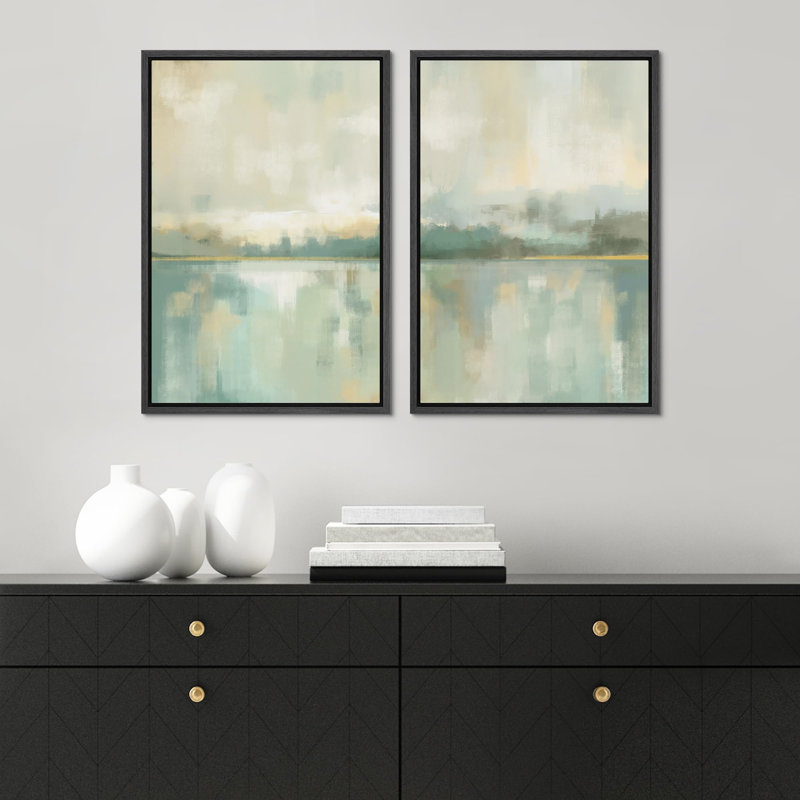 «Sage Green & Tan Lake», paysage abstrait, art mural, œuvre d'art, Calm Relax, 2 pièces, Noir, H 24 po x l 16 po