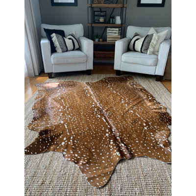 Handmade Axis Deer Print Cowhide Leather Medium Brown Rug