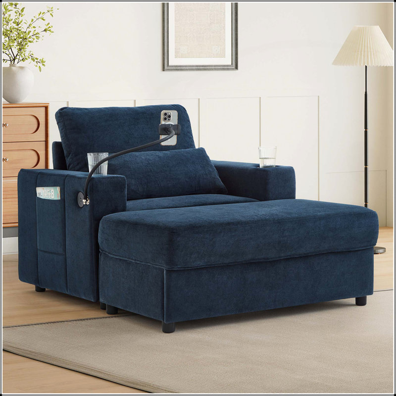Canapé de style moderne avec repose-pieds avec rangement, ports USB, porte-gobelets et poches latérales pour le salon, Bleu