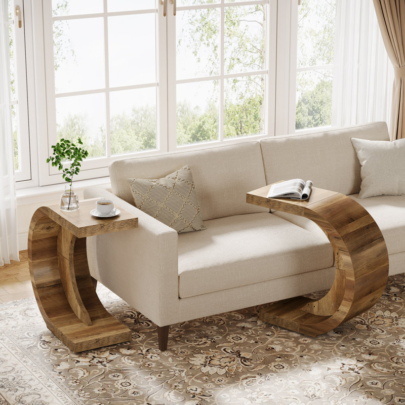 C-Shaped End Table Set Of 2, Wood Side Table For Couch Sofa Living Room Bedroom Small Space, Rustic Brown
