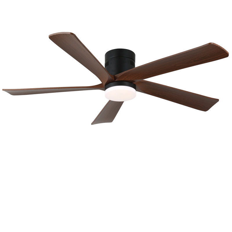 52" Flush Mount Ceiling Fan With Lights And Remote, Imitation Wood Grain Farmhouse Ceiling Fan, Stepless Dimming, Low Profile LED Light, 6 Speeds, Reversible